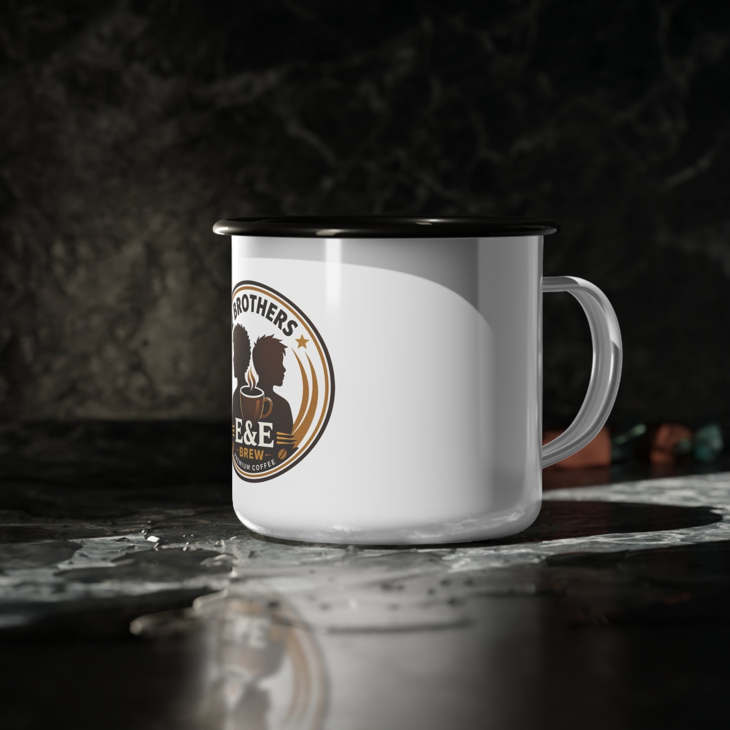 Enamel Camp Cup — 2 Brothers E&E Brew Coffee Logo Campfire Mug