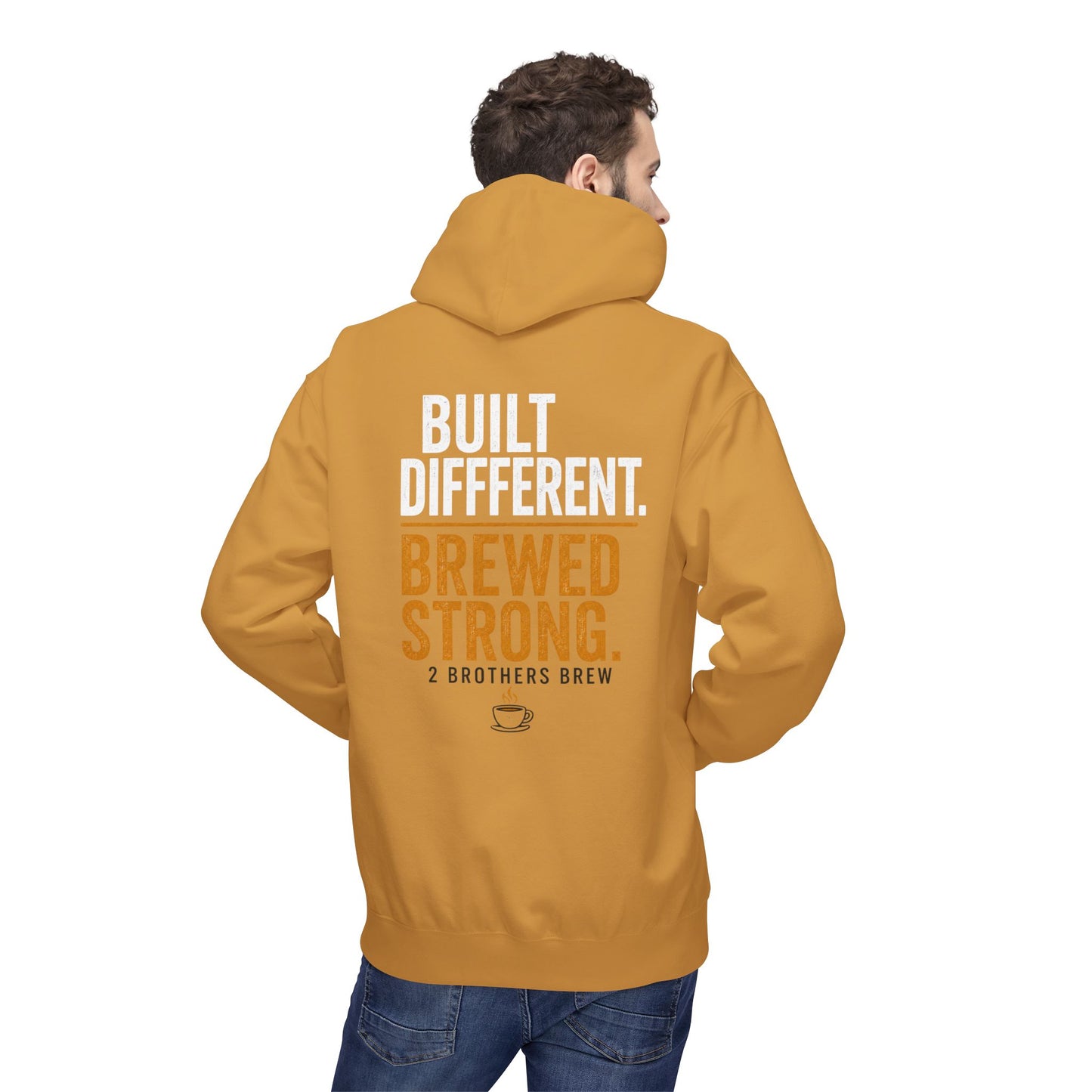 Brewed Strong Hoodie — “Built Different. Brewed Strong.” Coffee Shop Logo Pullover