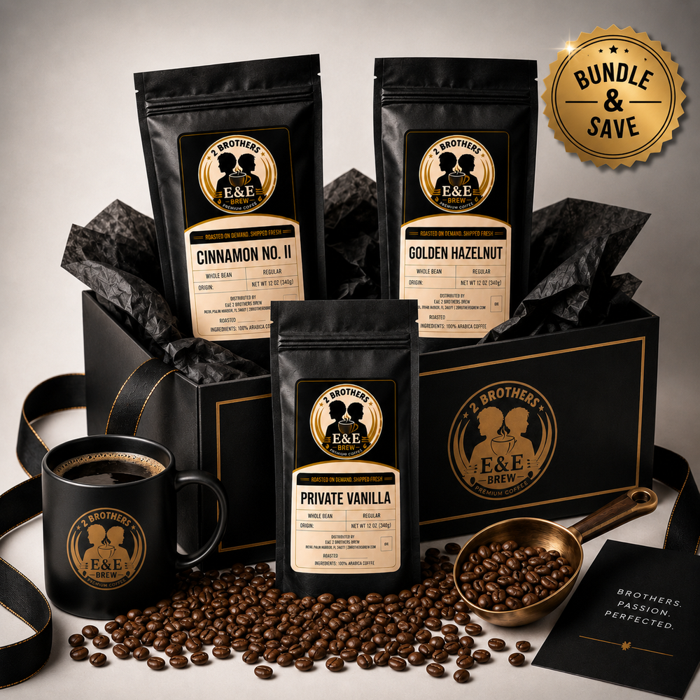 E&E 2 Brothers Brew coffee flight bundle — three full-size bags, try three and save