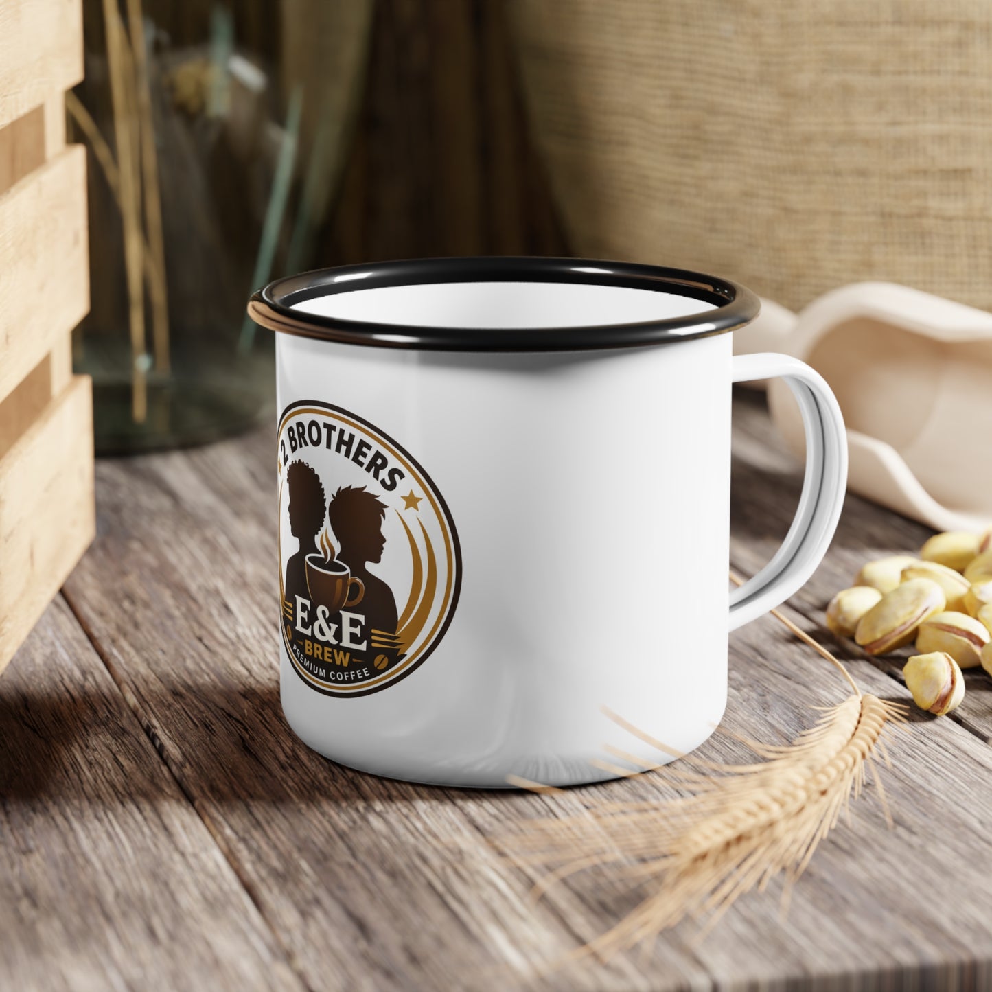 Enamel Camp Cup — 2 Brothers E&E Brew Coffee Logo Campfire Mug
