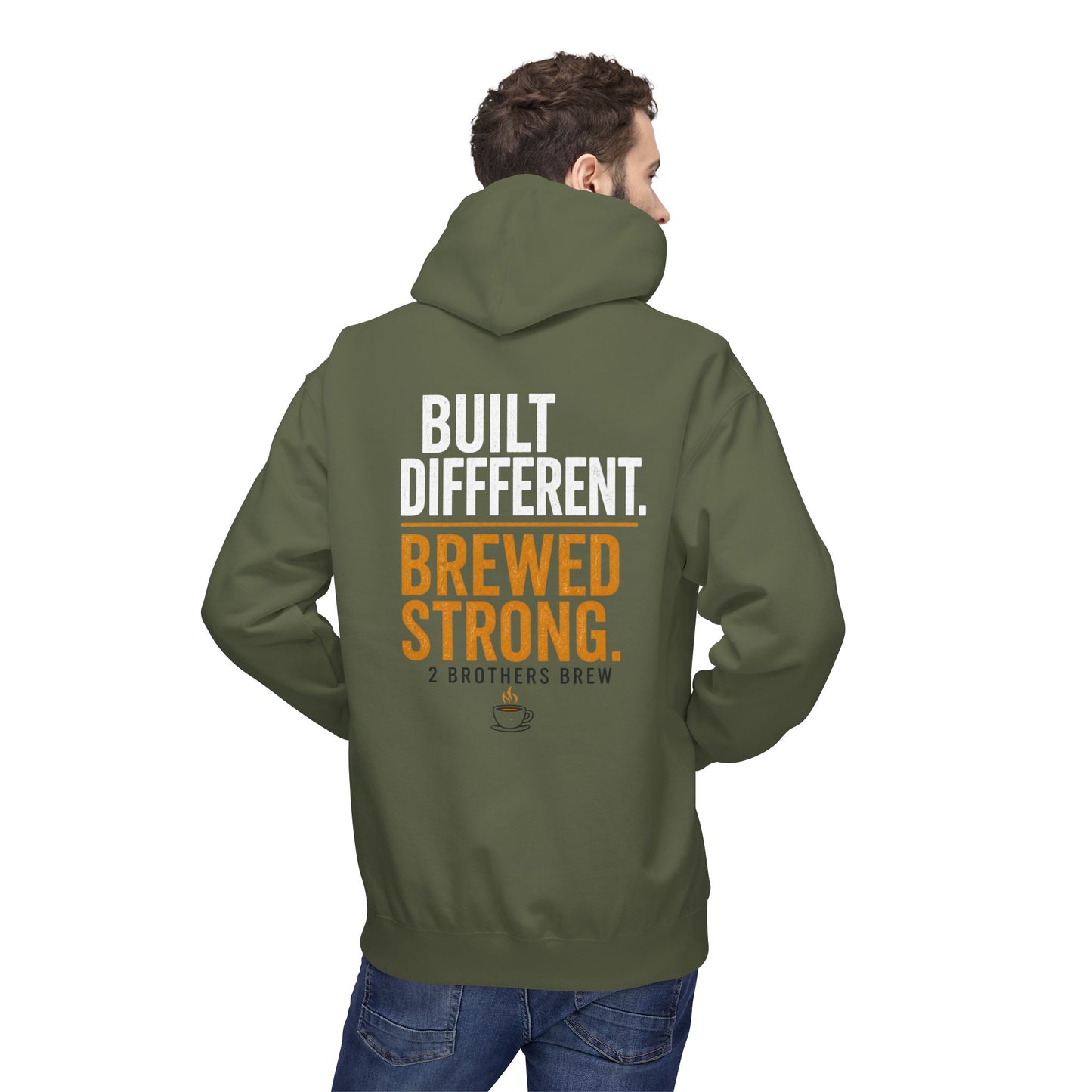 Brewed Strong Hoodie — “Built Different. Brewed Strong.” Coffee Shop Logo Pullover